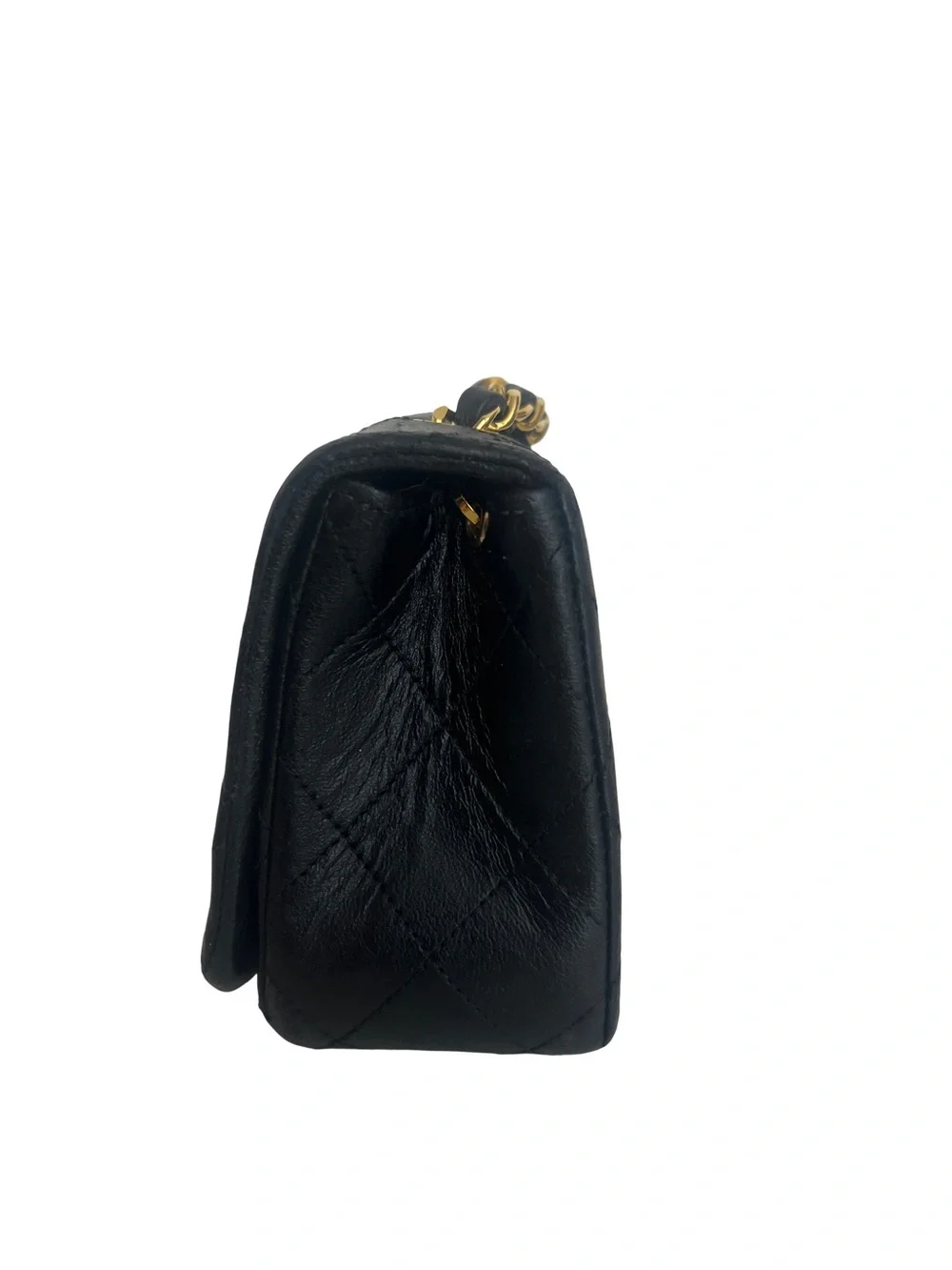 CHANEL Black Quilted Lambskin Mini Flap Bag with Gold Chain