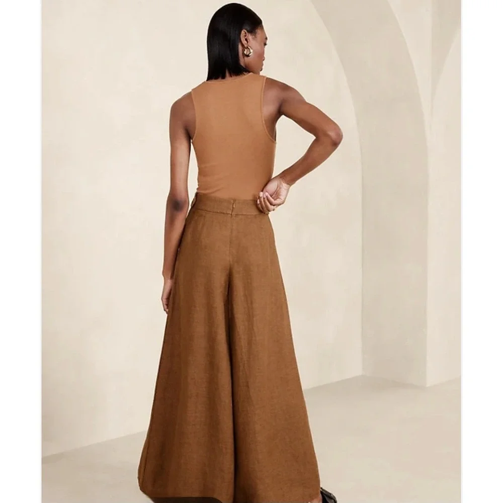 Banana Republic Lina Wide Leg Linen Pants Brown Pleated High Rise NWT 8