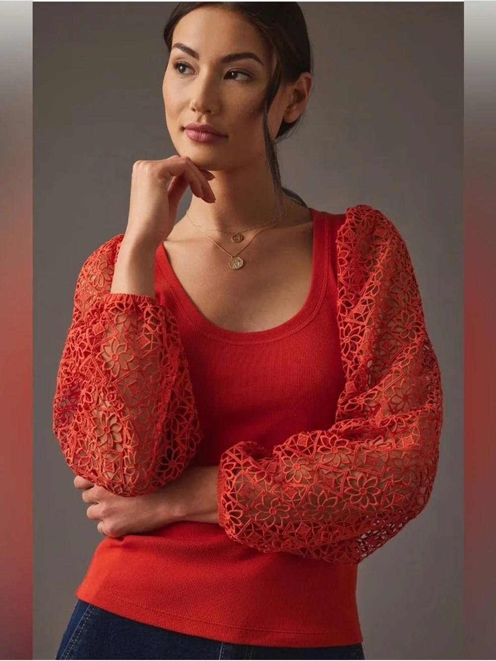 Anthropologie Maeve Red Orange Lace Crochet Balloon Puff Long Sleeve Knit Shirt