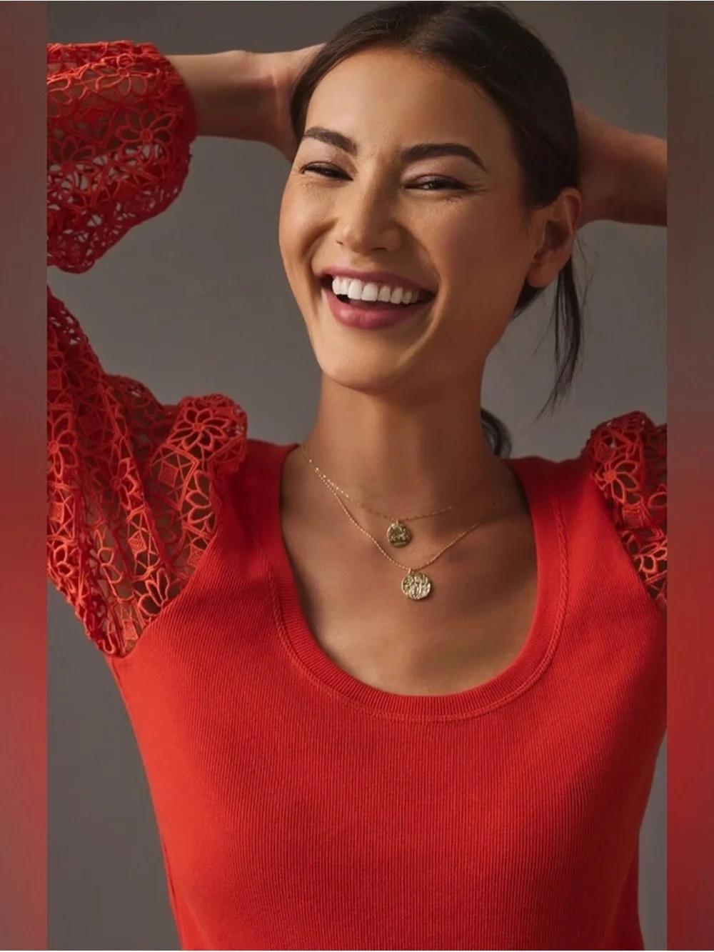 Anthropologie Maeve Red Orange Lace Crochet Balloon Puff Long Sleeve Knit Shirt