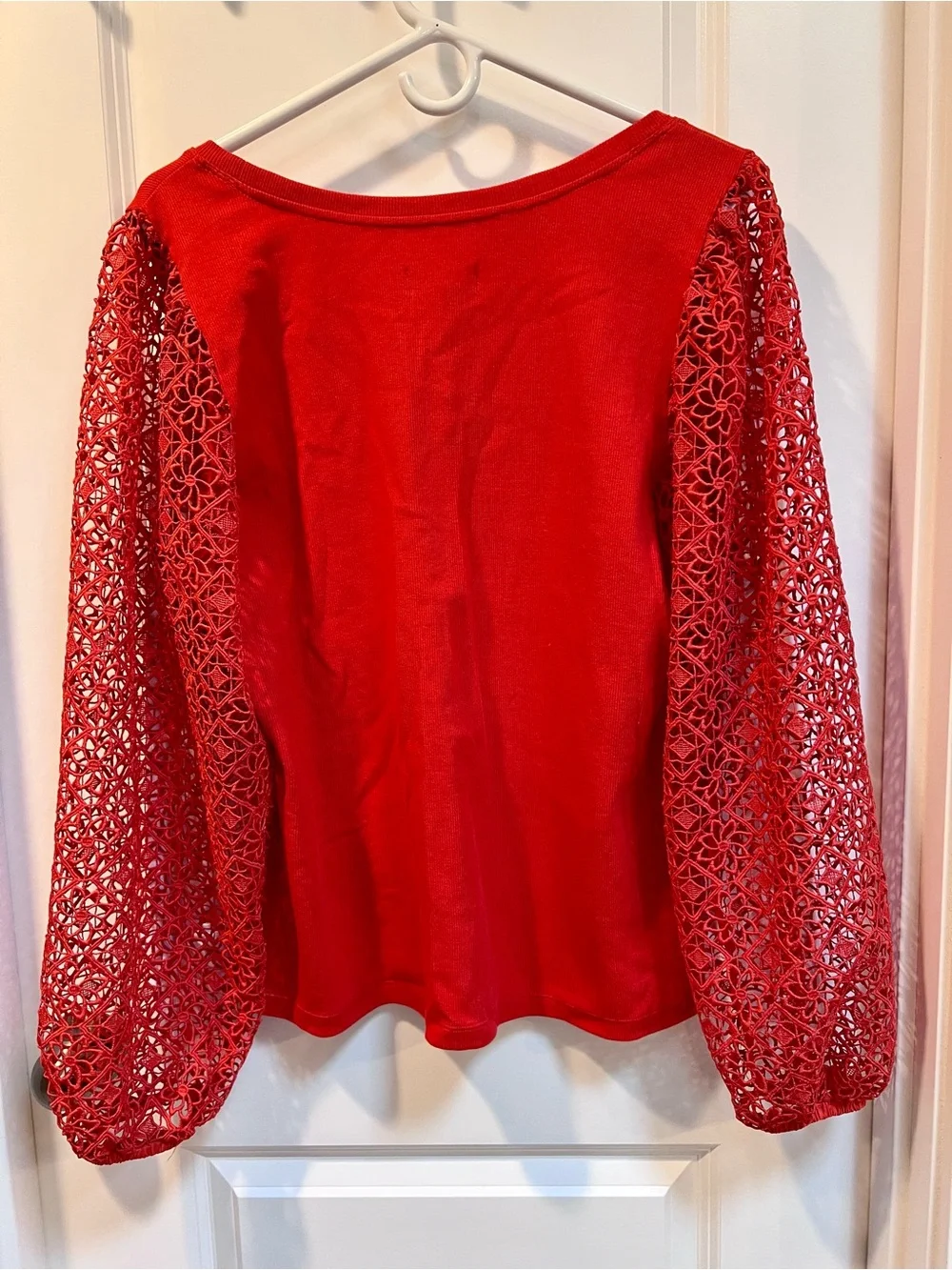 Anthropologie Maeve Red Orange Lace Crochet Balloon Puff Long Sleeve Knit Shirt