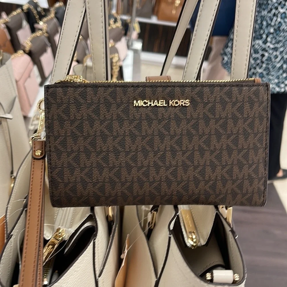 MICHAEL KORS LARGE DOUBLE ZIP WRISTLET PHONEHOLDER WALLET CLUTCH Brown