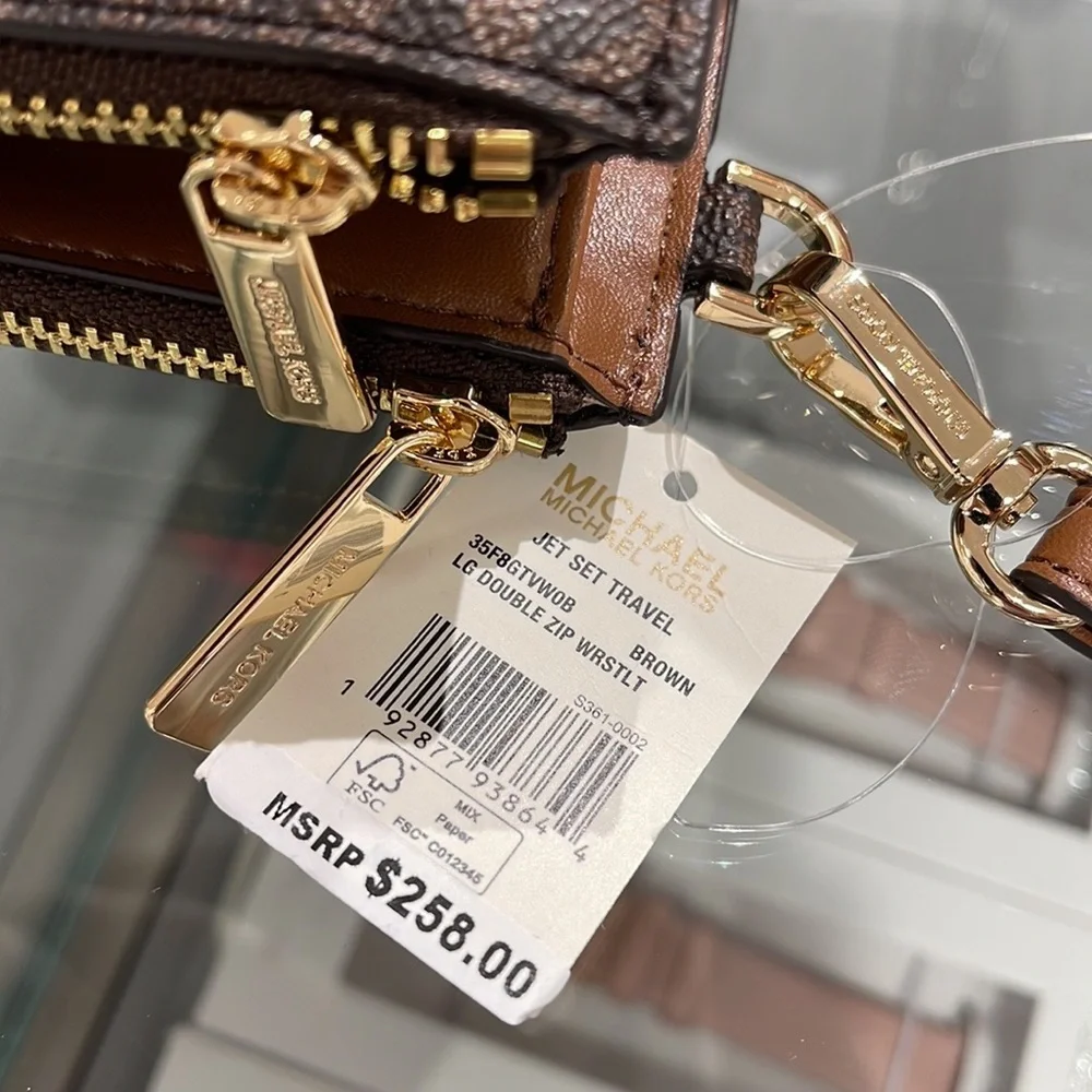 MICHAEL KORS LARGE DOUBLE ZIP WRISTLET PHONEHOLDER WALLET CLUTCH Brown