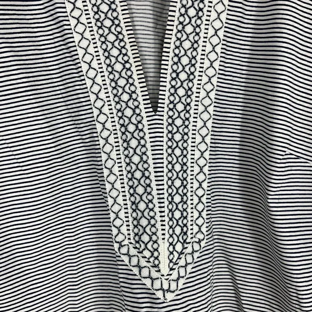 Tory Burch Tunic Dress Size 4 Women Blue White Embroidered Striped V Neck Kaftan