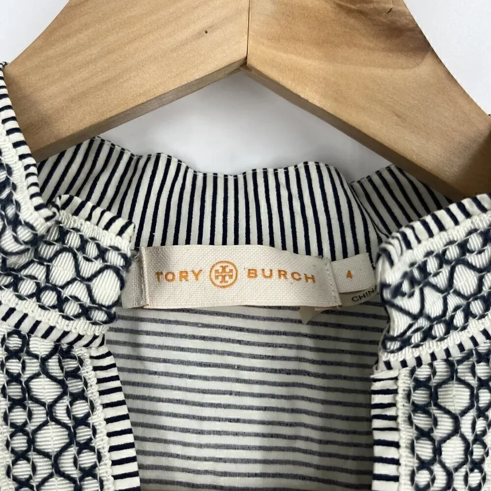 Tory Burch Tunic Dress Size 4 Women Blue White Embroidered Striped V Neck Kaftan