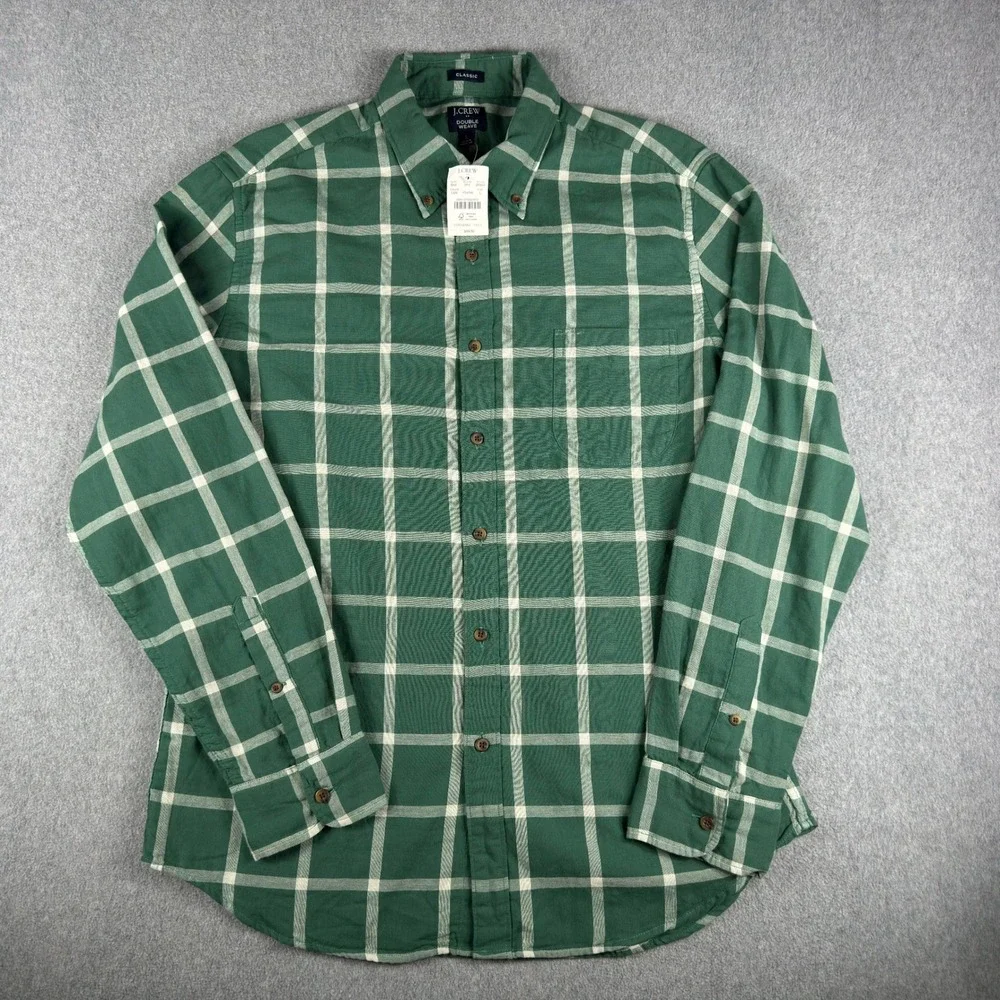 J.Crew Mens Double Weave Button Up Shirt L Green White Check NWT