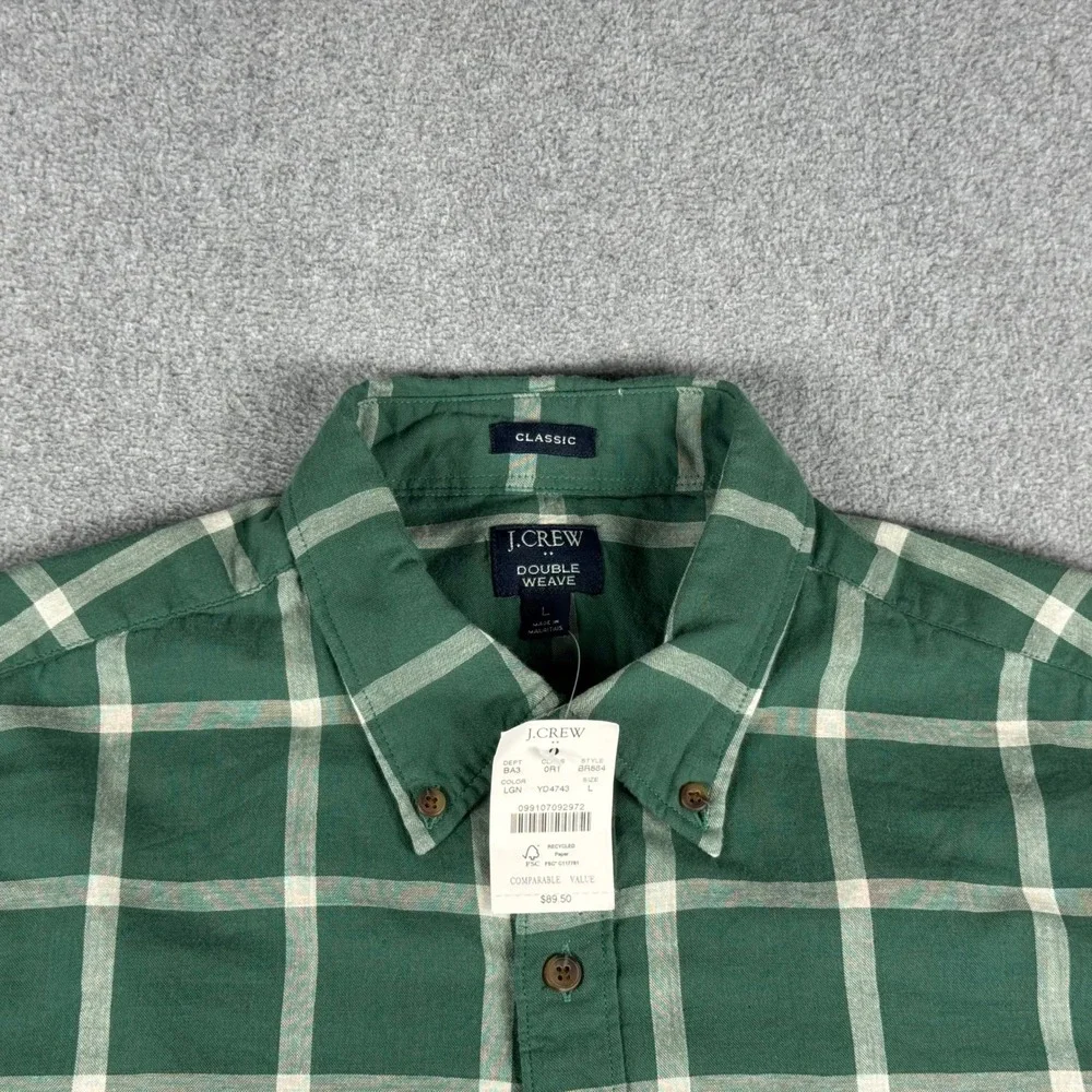 J.Crew Mens Double Weave Button Up Shirt L Green White Check NWT