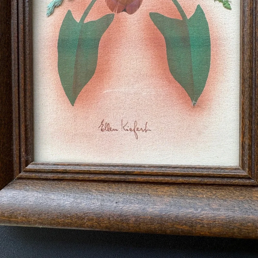 Vintage Ellen Kiefert Prairie Pictures Feather Art Floral Framed Set of 2 MCM