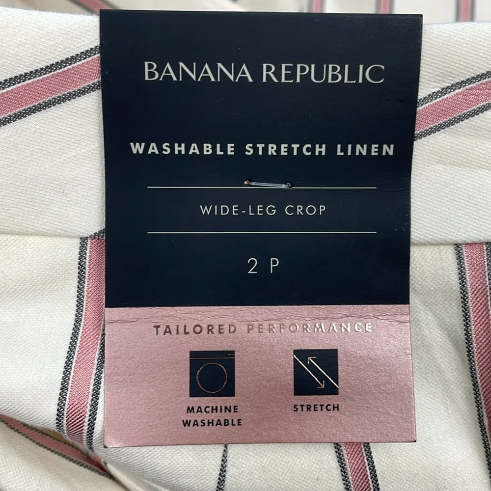 NWT Banana Republic High Rise Wide Leg Crop Pants Linen Blend White Red Stripe