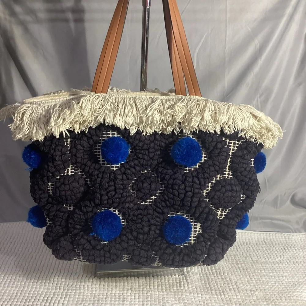 Tory Burch Black & Blue Pom Pom Canvas Tote Bag with Fringe & Leather Handles