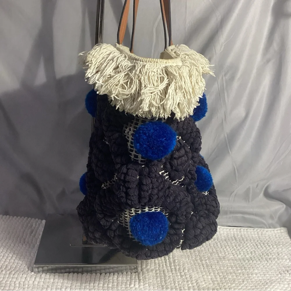 Tory Burch Black & Blue Pom Pom Canvas Tote Bag with Fringe & Leather Handles