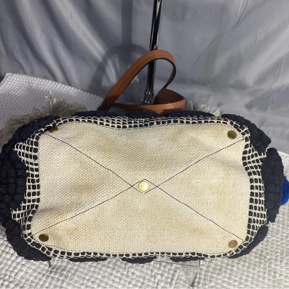 Tory Burch Black & Blue Pom Pom Canvas Tote Bag with Fringe & Leather Handles