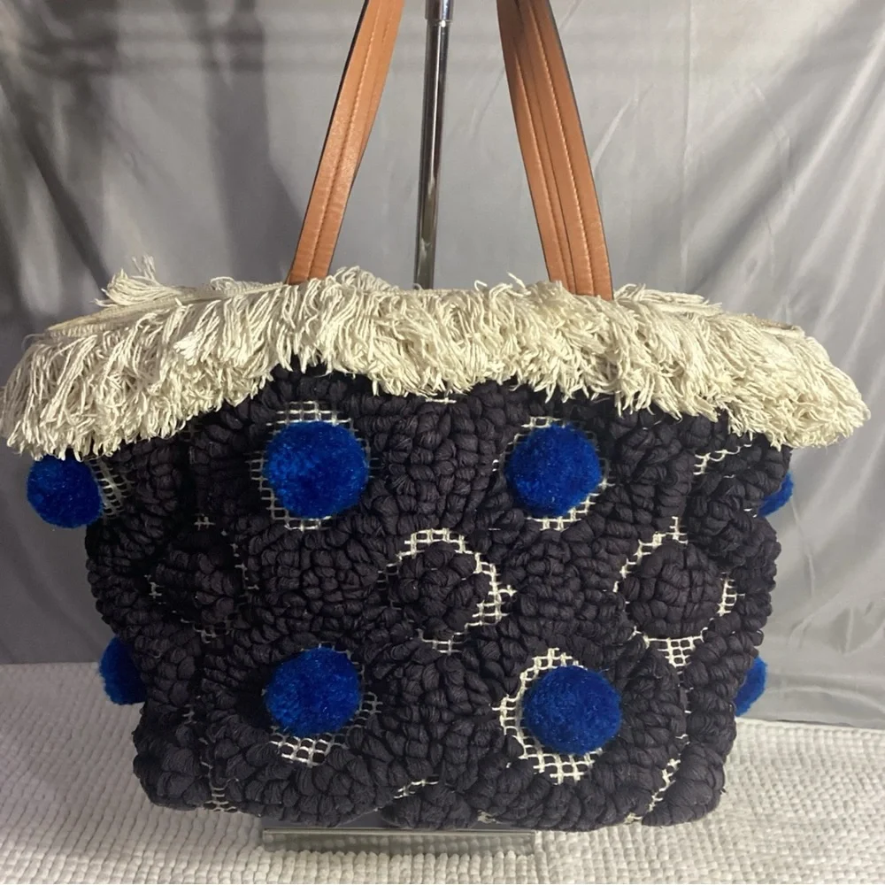 Tory Burch Black & Blue Pom Pom Canvas Tote Bag with Fringe & Leather Handles