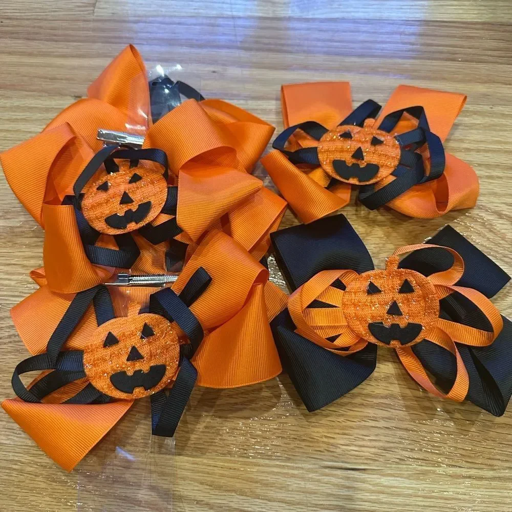 Halloween Large Hair Clips Bows Pumpkin Black Orange