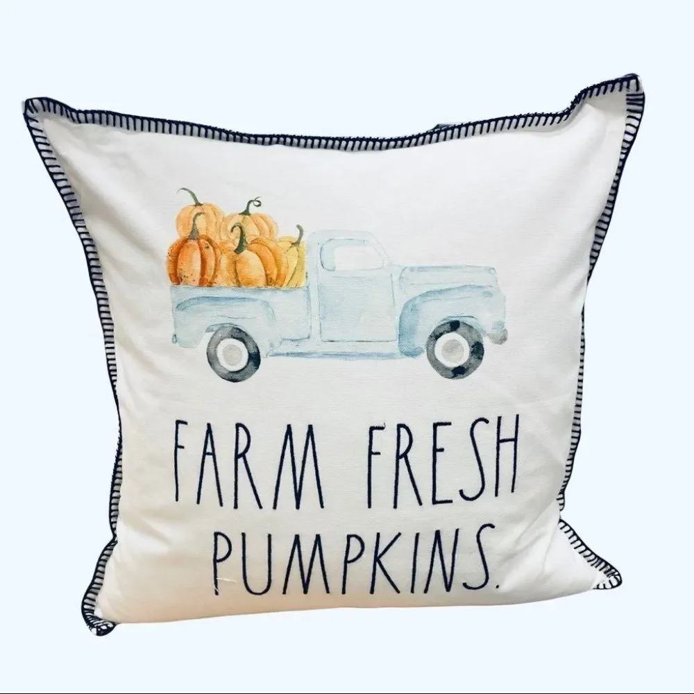 Rae Dunn Fall Throw‎ Pillow FARM FRESH PUMPKINS Blue Pickup Truck NWT 20”x20”