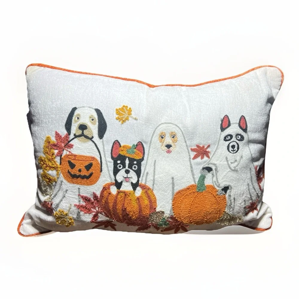 Dogs In Costumes Halloween Pillow Ghosts 12x18 Lumbar Trick or Treat Fall Leaves
