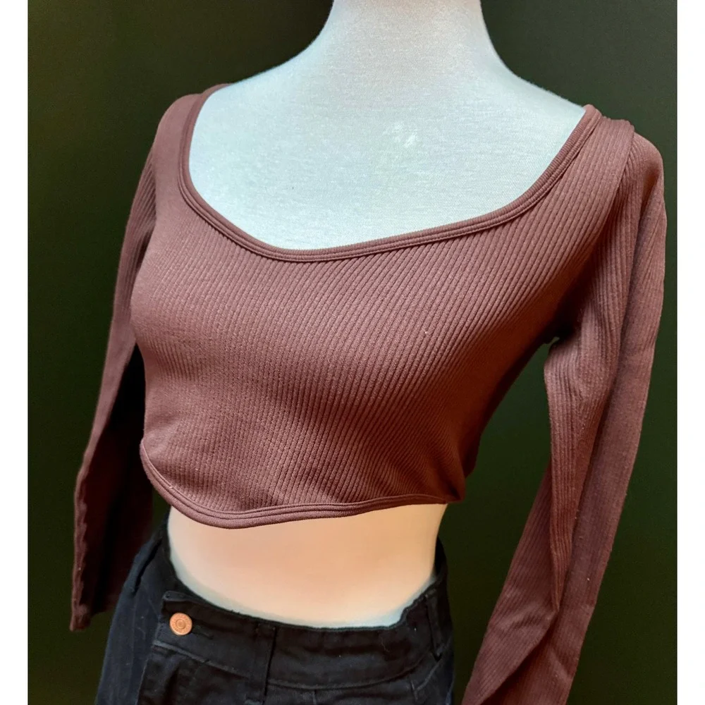 Zara Brown Ribbed Knit Long Sleeve Cropped Top‎ Women's Size M/L