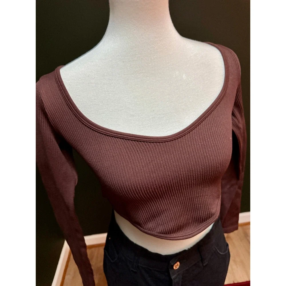 Zara Brown Ribbed Knit Long Sleeve Cropped Top‎ Women's Size M/L