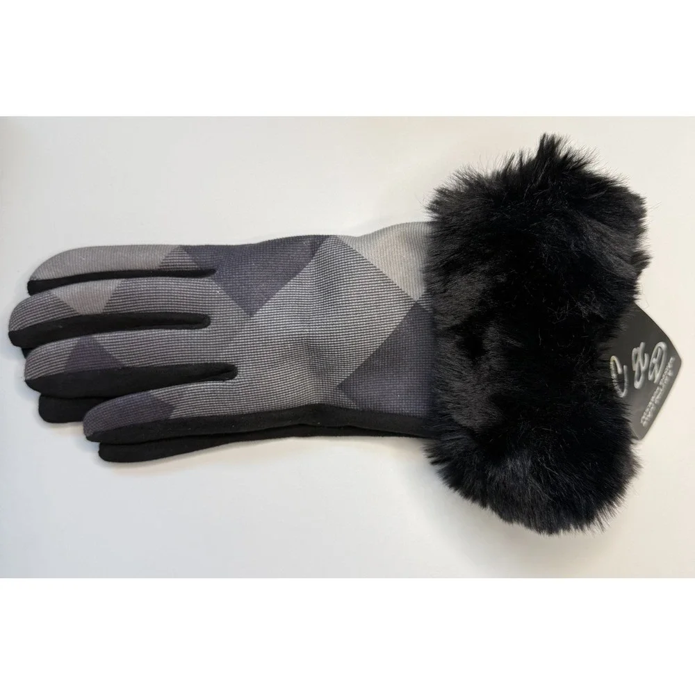 Faux Fur‎ Winter Texting Gloves Ladies NWT One Size Black Gray