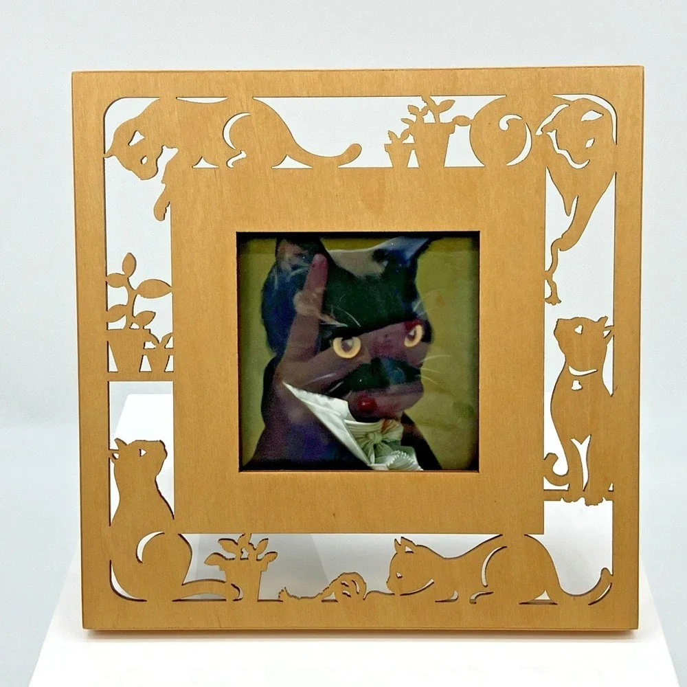 Wood Carved Cut Out Cat Kitten‎ Picture Frame Plants Quirky Kitschy Photo Gift