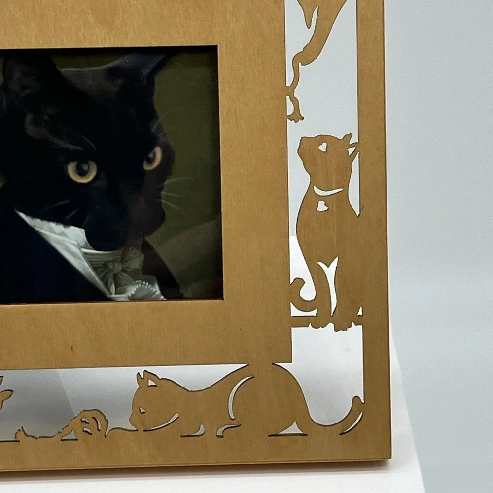 Wood Carved Cut Out Cat Kitten‎ Picture Frame Plants Quirky Kitschy Photo Gift
