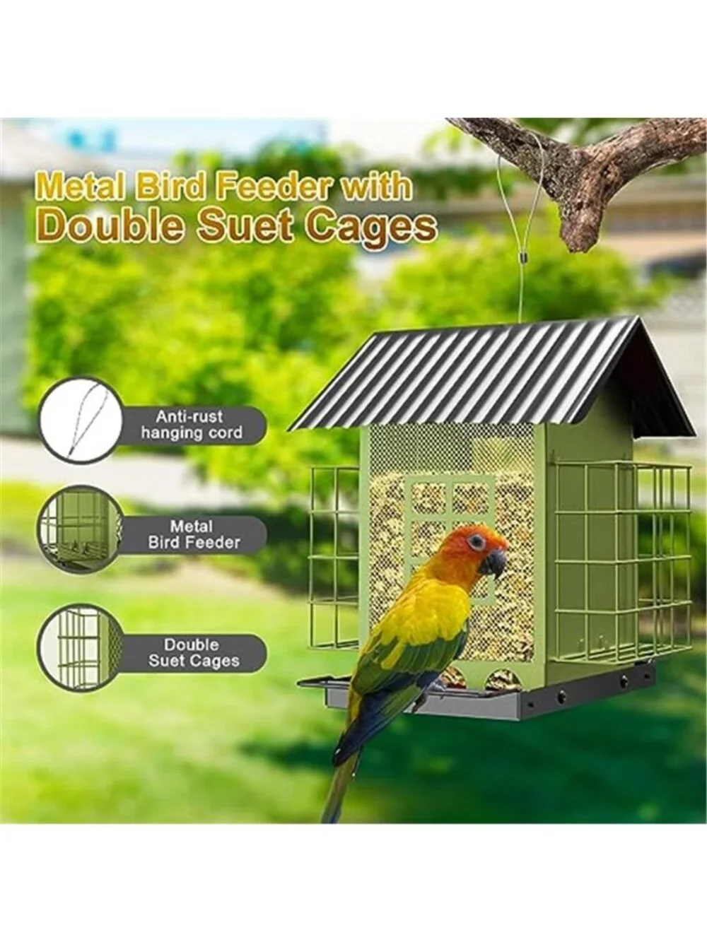 Bird Feeders for Outdoors Hanging, Metal Bird Feeder with Double Suet Cage Cake