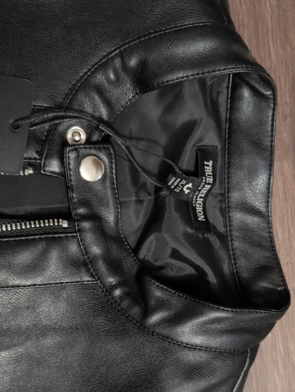 True Religion Black Leather Cropped Biker Jacket with White Racing Stripes