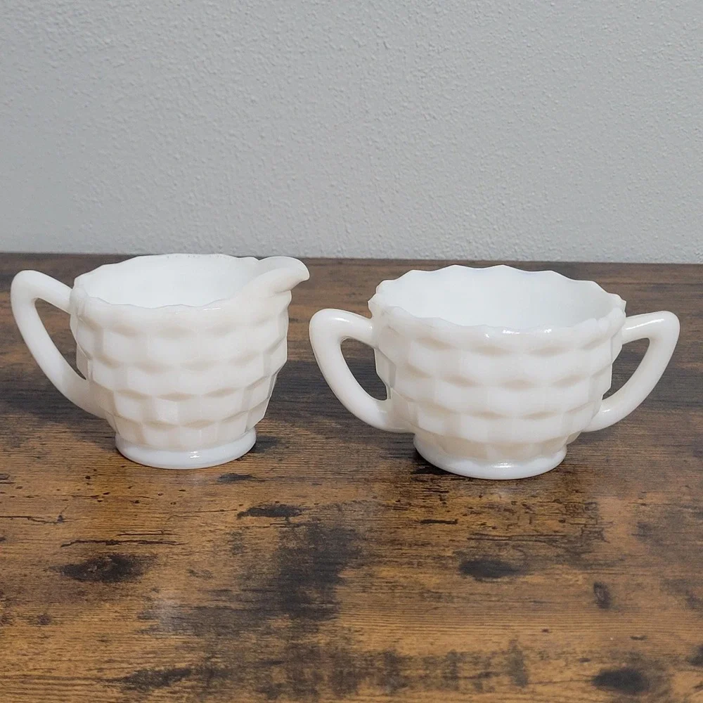Anchor Hocking Milk Glass Sugar Creamer White Cube Diamond Pattern