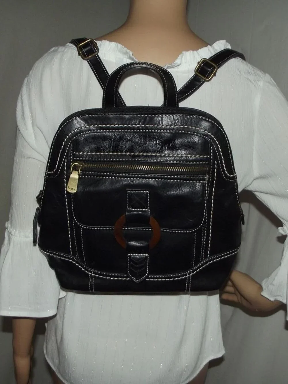 b.o.c. Backpack black faux leather white accent stitching wooden ring BORN