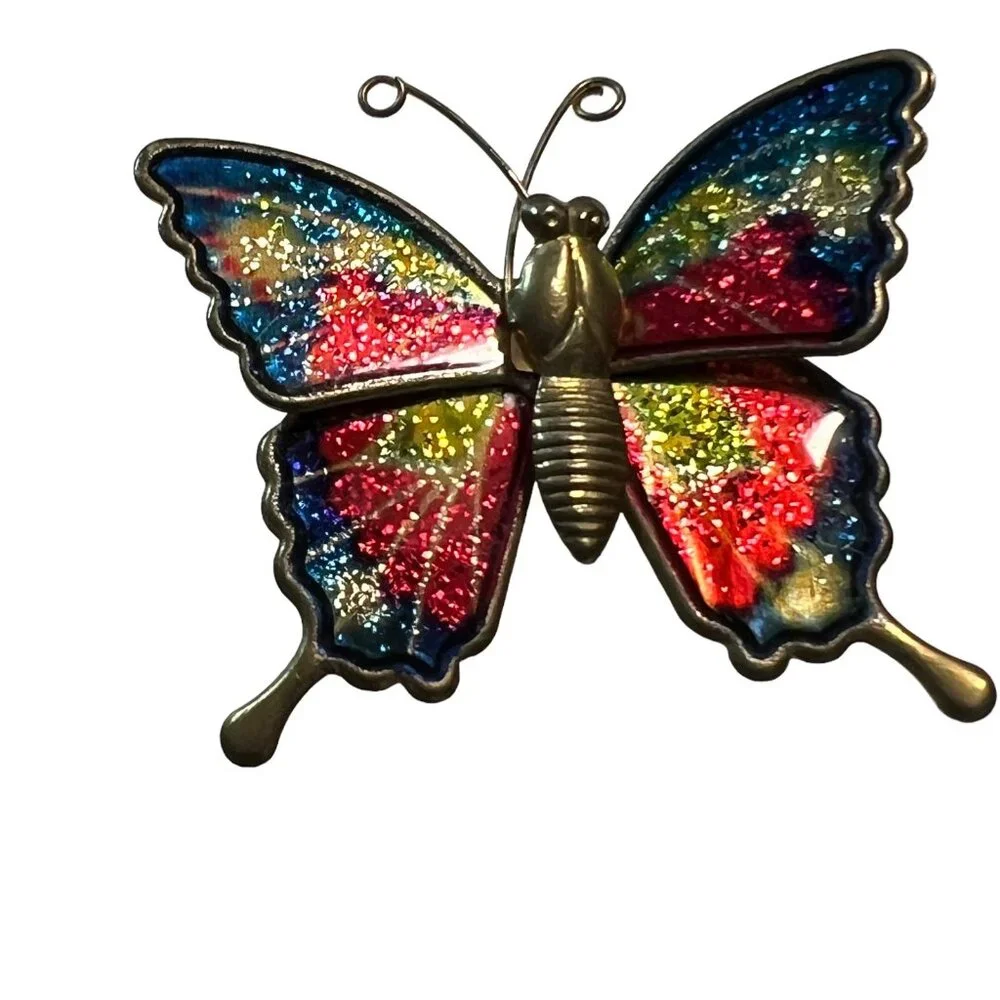 Vintage Butterfly Brooch Blue Pink Enamel and Glitter‎ Pin