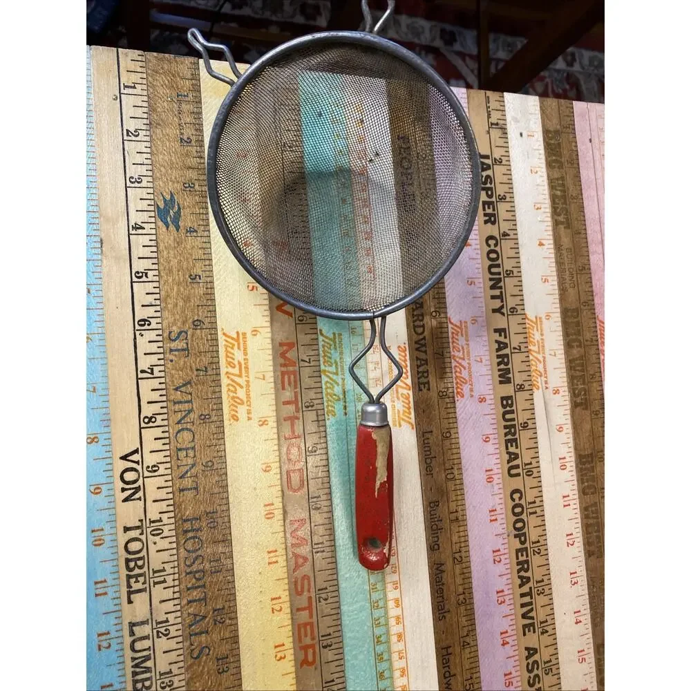 Vintage Kitchen Medium Size Red Wooden Handle Strainer Rustic Farm Decor Cottage