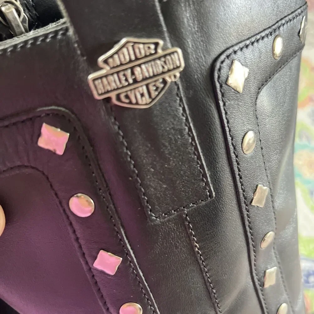 Harley Davidson Wmns 8.5 Western Studded Cowboy Boots Black Logo Zipper Leather
