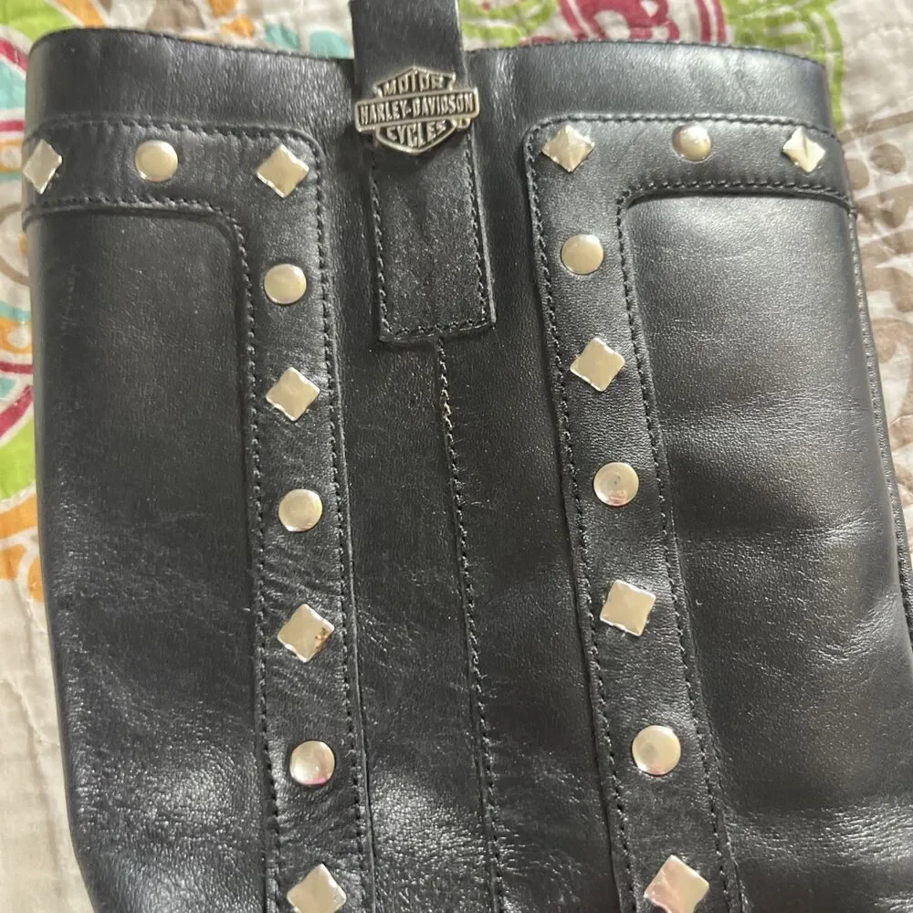 Harley Davidson Wmns 8.5 Western Studded Cowboy Boots Black Logo Zipper Leather