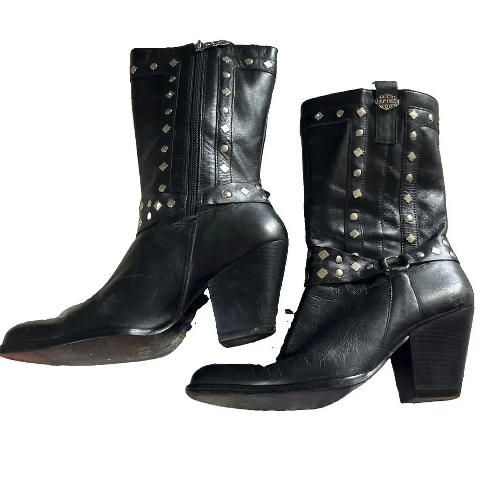 Harley Davidson Wmns 8.5 Western Studded Cowboy Boots Black Logo Zipper Leather