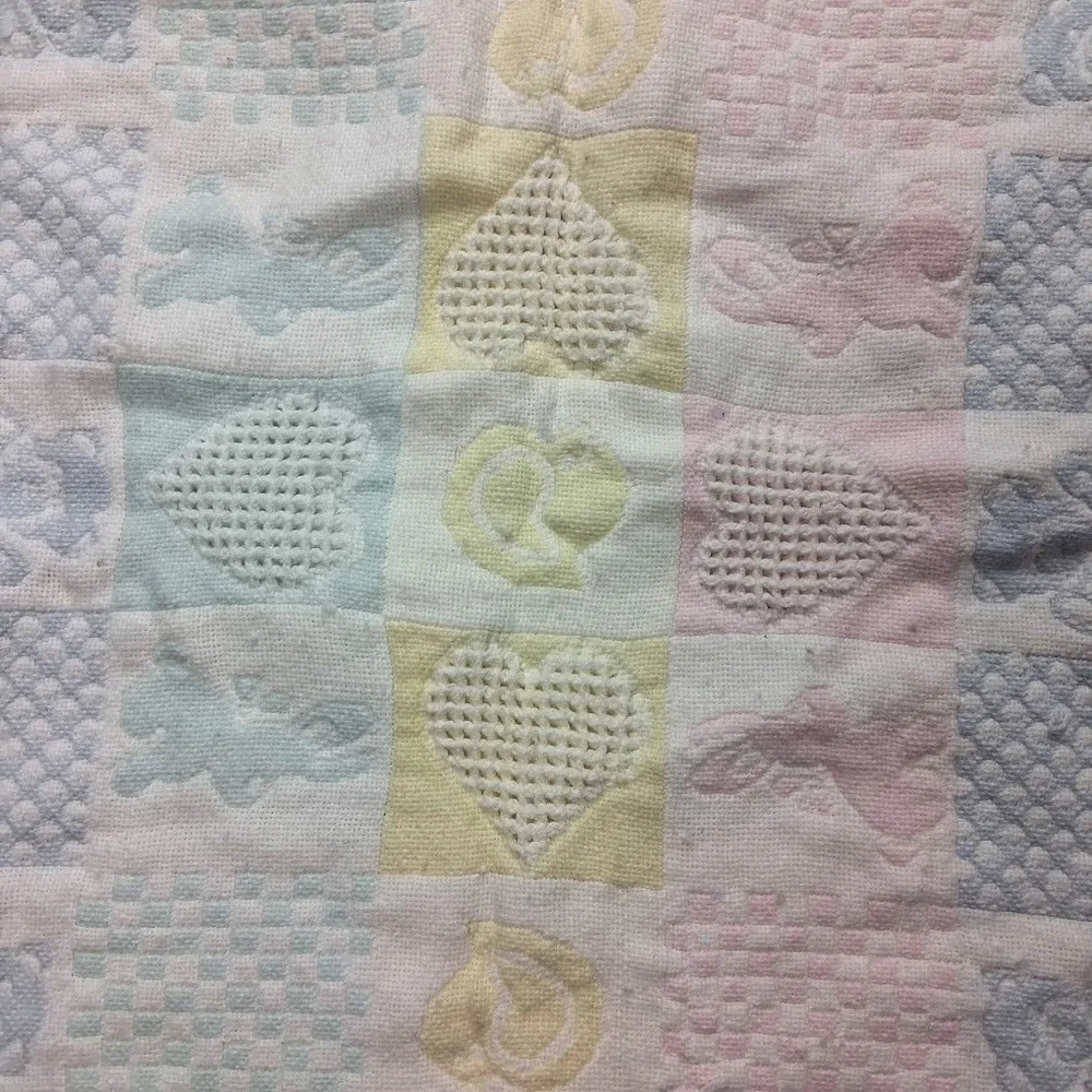 Vtg Pastel Tapestry Baby Blanket Fringe Pink Blue Yellow Green Bear 1 2 3 A B C