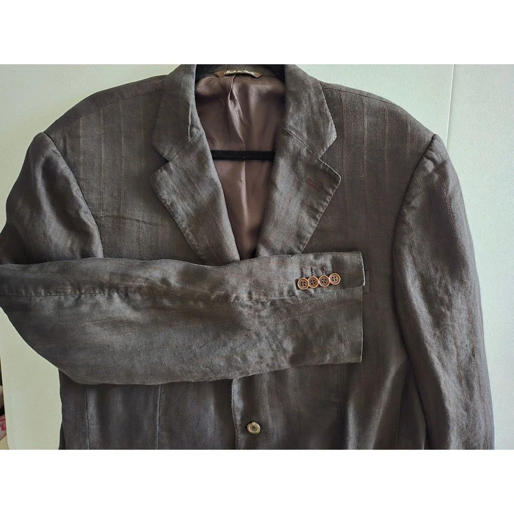 Canali Mens Brown Pinstripe 100%‎ Linen Blazer Sport Coat Italy EU 56 8L