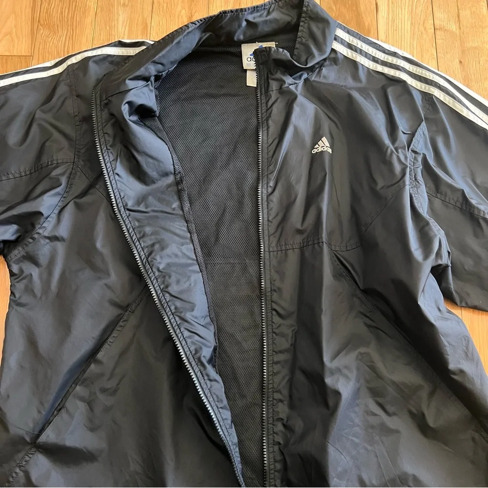 Vintage Adidas Mens Black Windbreaker Full Zip Front Nylon‎ Jacket Size XXL