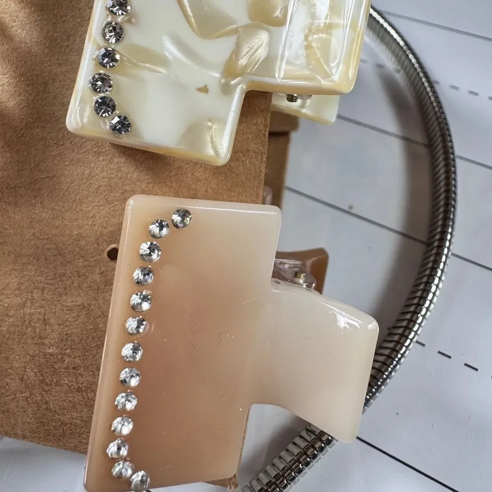Anthro Elegant Cream and Tan Hair Clips with Rhinestones & Headband