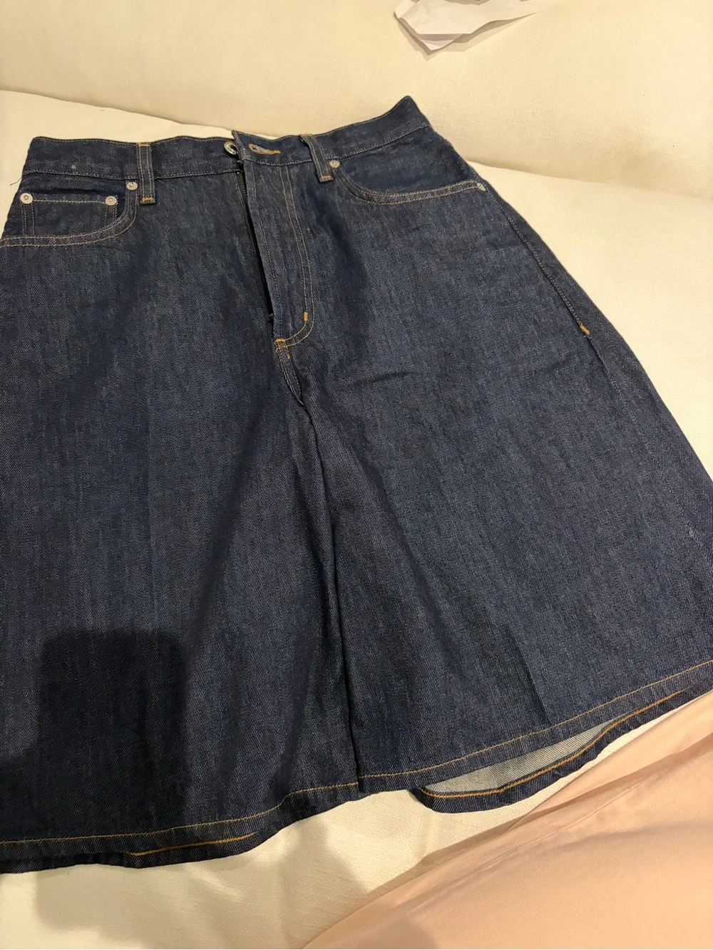 Agolde light and dark blue denim shorts