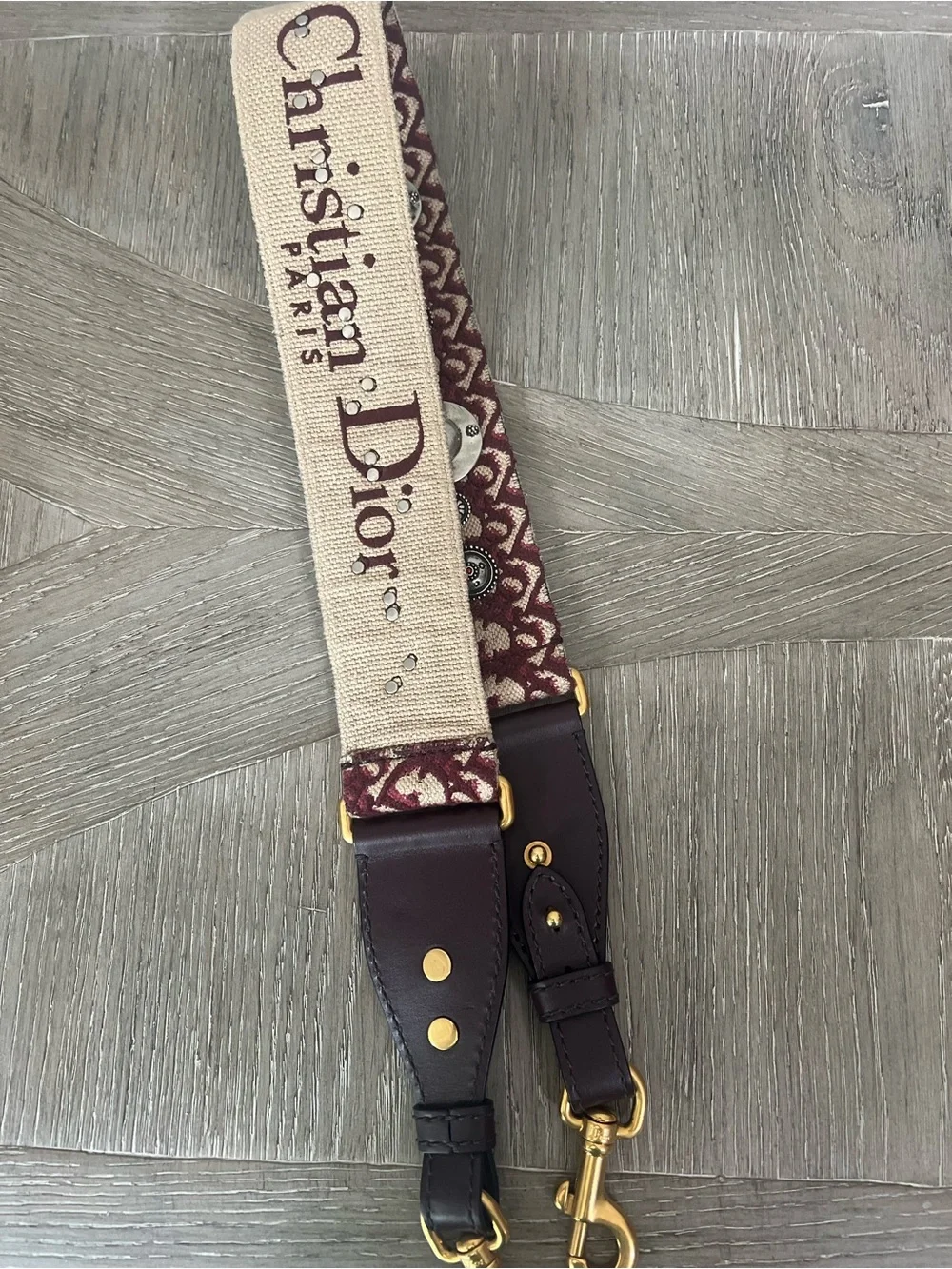 Dior Burgundy and Cream Decorative Logo Canvas Bag Strap with Gold Hardware