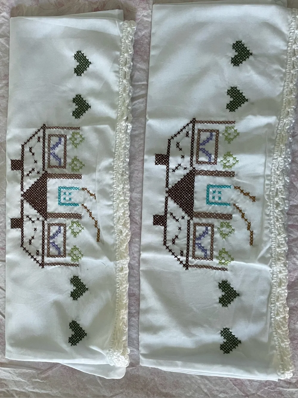 Grannycore Hand Cross-stitched House pillowcase set with crocheted trim