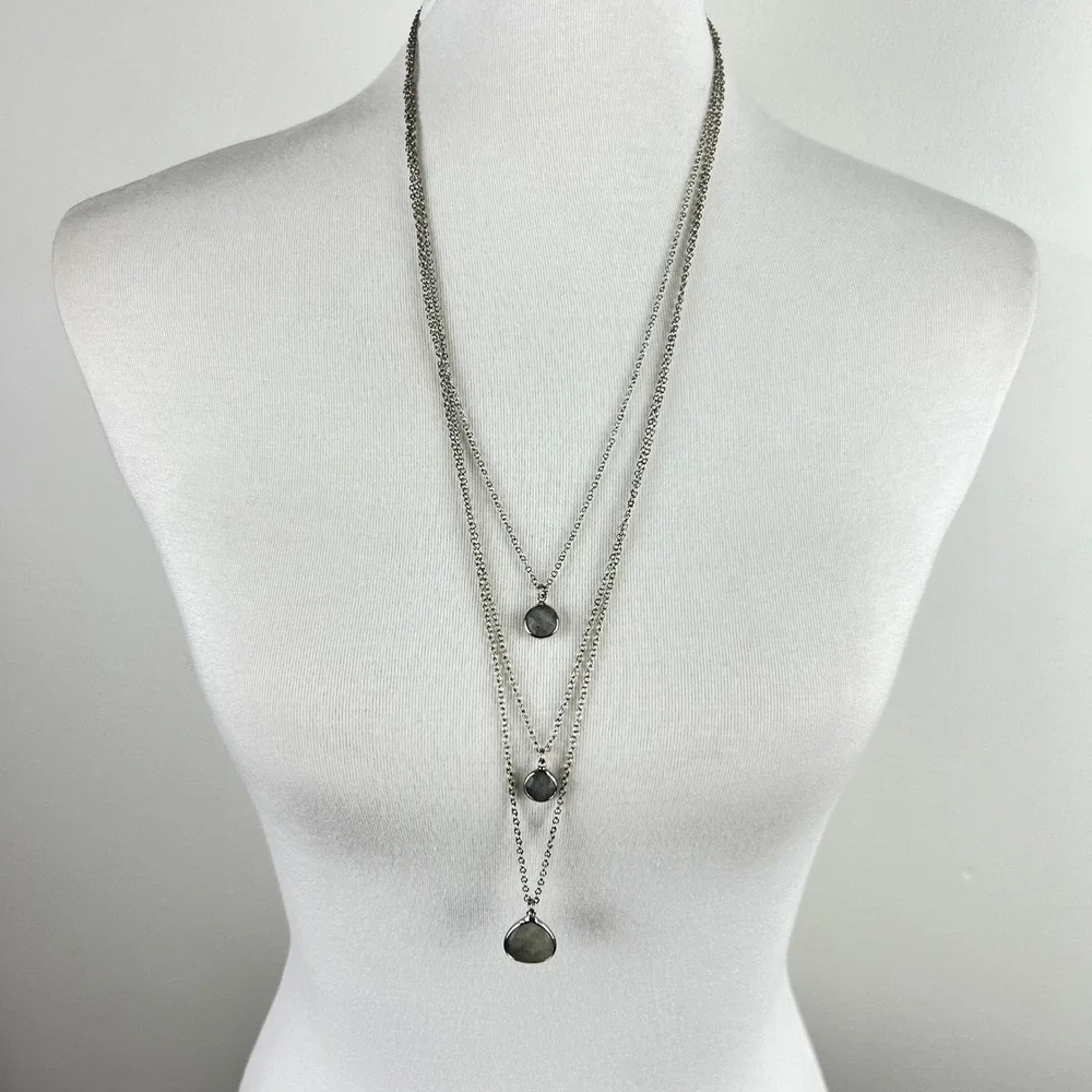LOFT Silver Tone Necklace 3-Layer Gray Teardrop Pendant Adjustable Chain