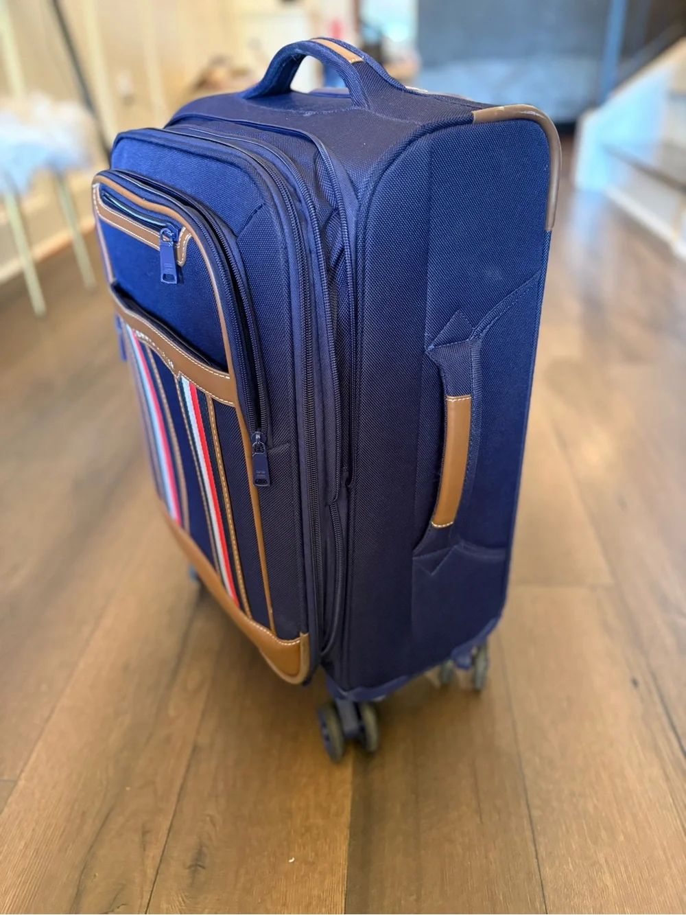 Tommy Hilfiger Navy Carry-On Suitcase with Brown Trim and Striped Pocket