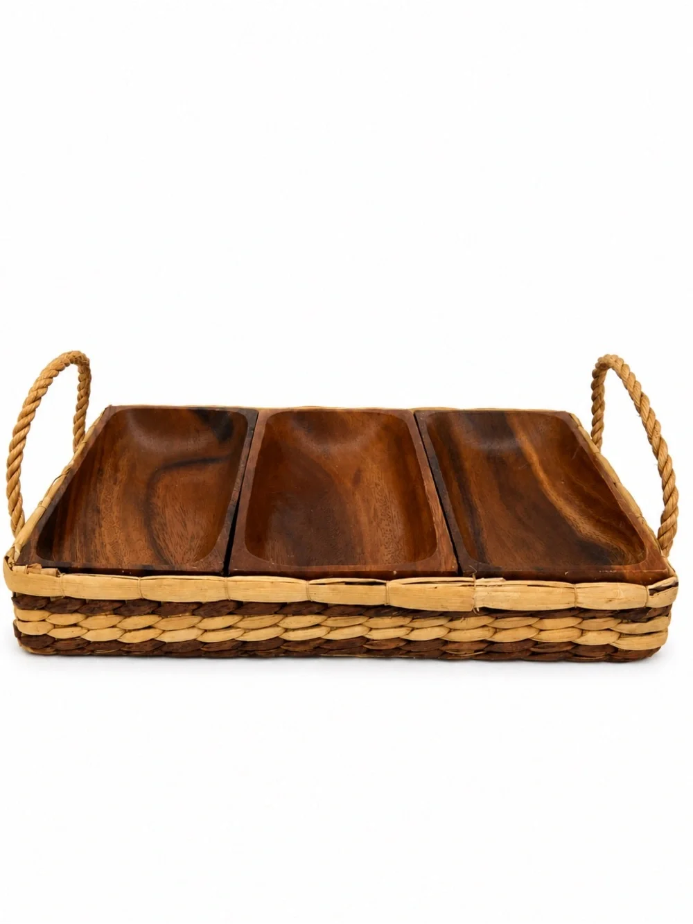 Vintage Teak Divided Serving Tray with Woven Basket & Rope Handles 💕