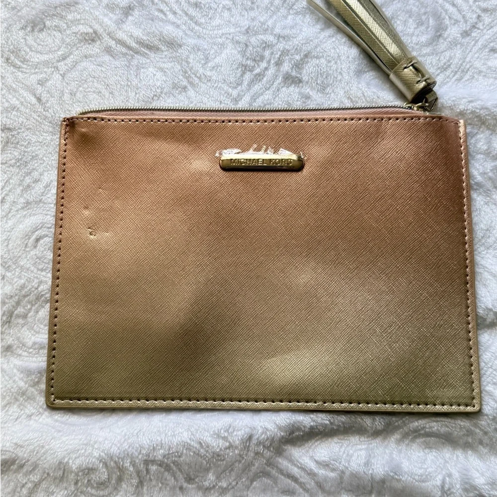 Michael Kors Rose Gold Zip Clutch Wristlet Metallic Saffiano Pouch