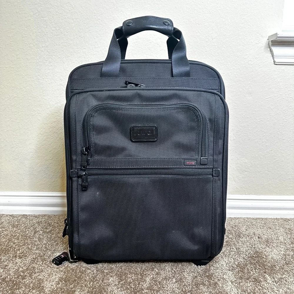 TUMI Alpha Black Ballistic Nylon Office Expandable Carry-On Roller Bag 26126DH