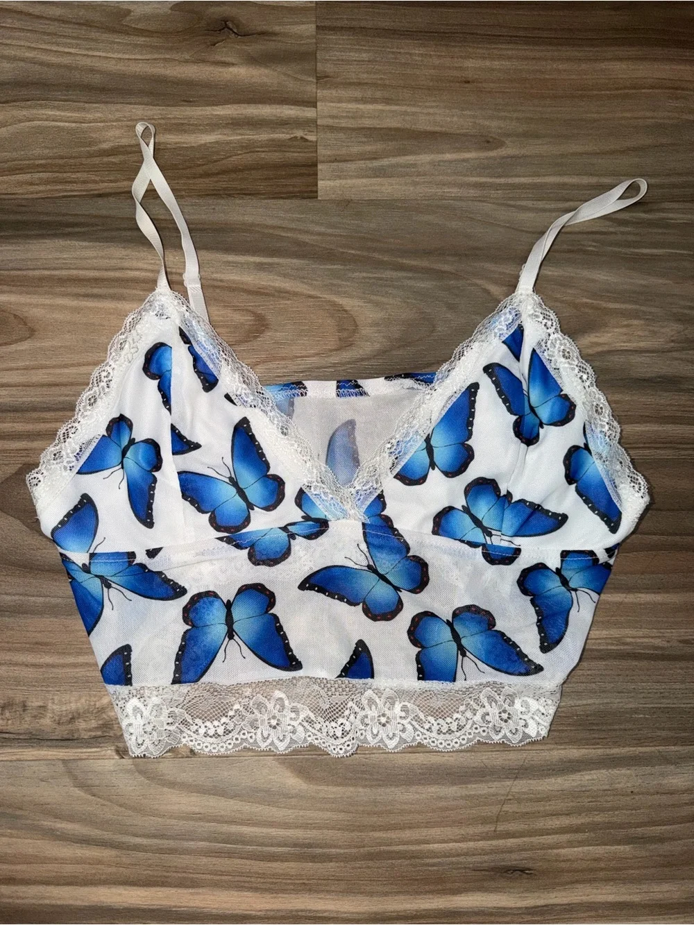 SHEIN White Lace Trim Cami Top with Blue Butterfly Print - Women