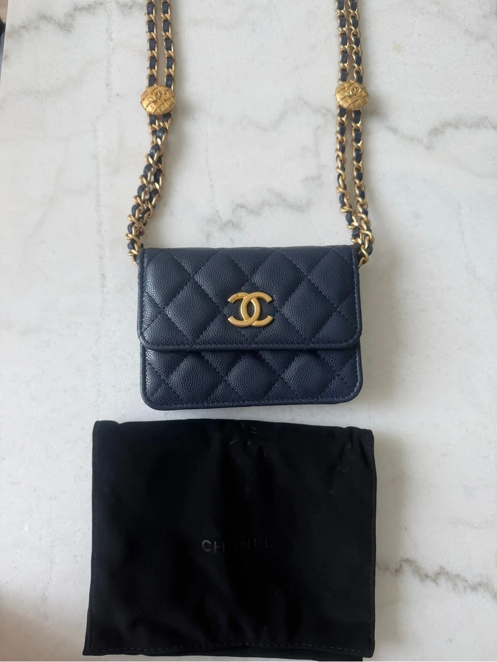 CHANEL Navy Quilted Caviar Mini Crossbody with Gold Hardware