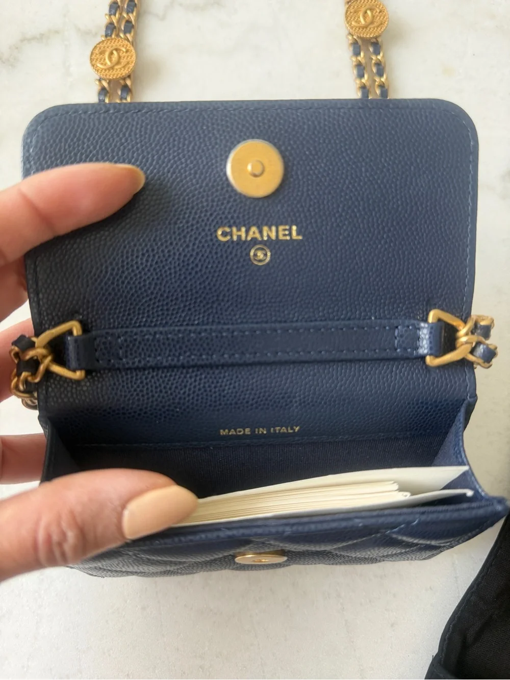 CHANEL Navy Quilted Caviar Mini Crossbody with Gold Hardware