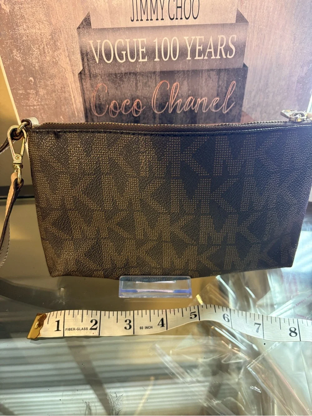Michael Kors Brown Logo MK Wristlet with Gold Plate